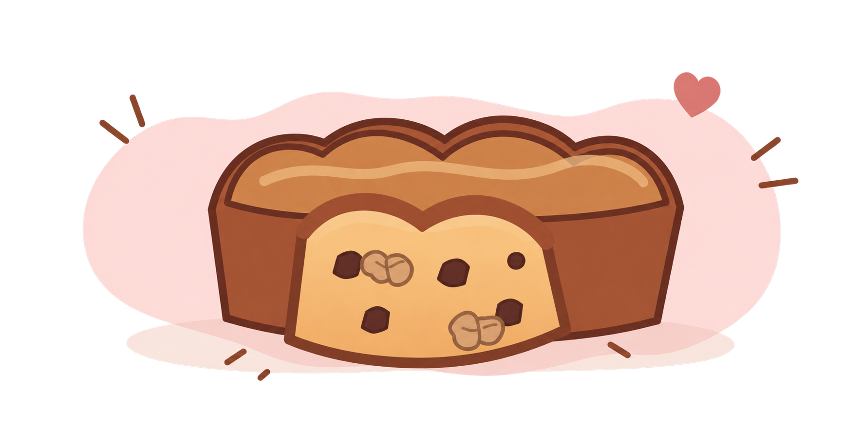 Illustrated loaf of chocolate chip and walnut banana bread with a pink backdrop and heart